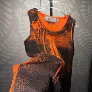 Japanese Graphic Cracked Print Black Orange Thermal Tank Top Wifebeater Shirt- L